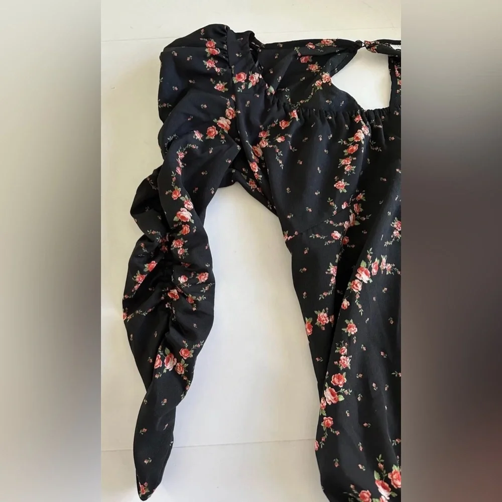 Topshop Black Floral Pink Ruched Long Sleeve Mini Dress size 6 - Picture 7 of 10